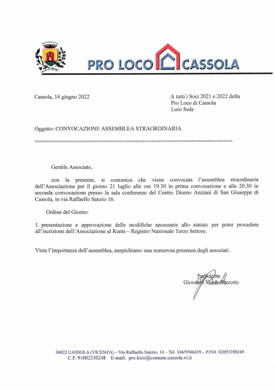 CONVOCAZIONE ASSEMBLEA STRAORDINARIA APPROVAZIONE STATUTO RUNTS